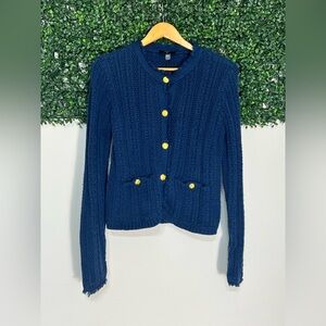 NWT Tahari Womens Textured Cable Knit Blue Cardigan Size Large Fringe Old Money